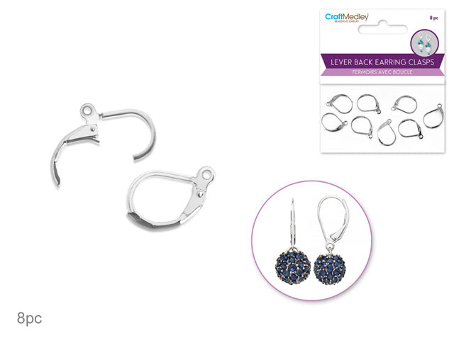 Jewelry Findings: 15mmx11mm Lever Back Earring Clasp x8 w/Loop  Silver