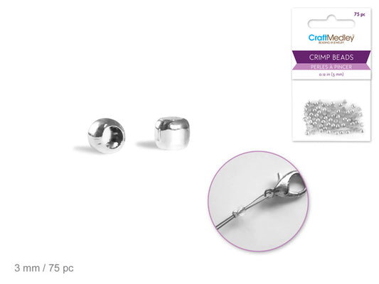 Jewelry Findings: 3mm Crimp Beads x75 Brass Metal  Silver Plating