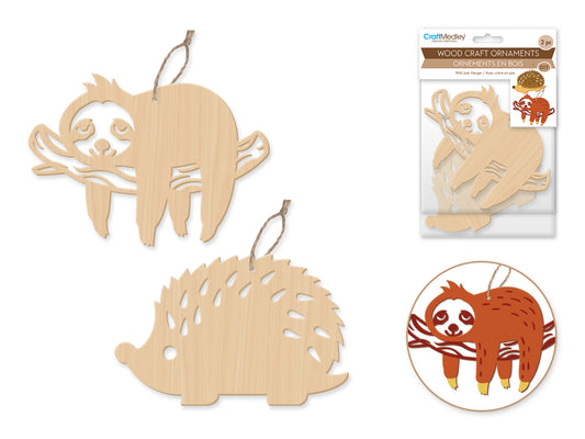 Wood Craft: Wood Ornaments x2 Asst Laser-Punch w/Jute Cord Hanger- Creatures