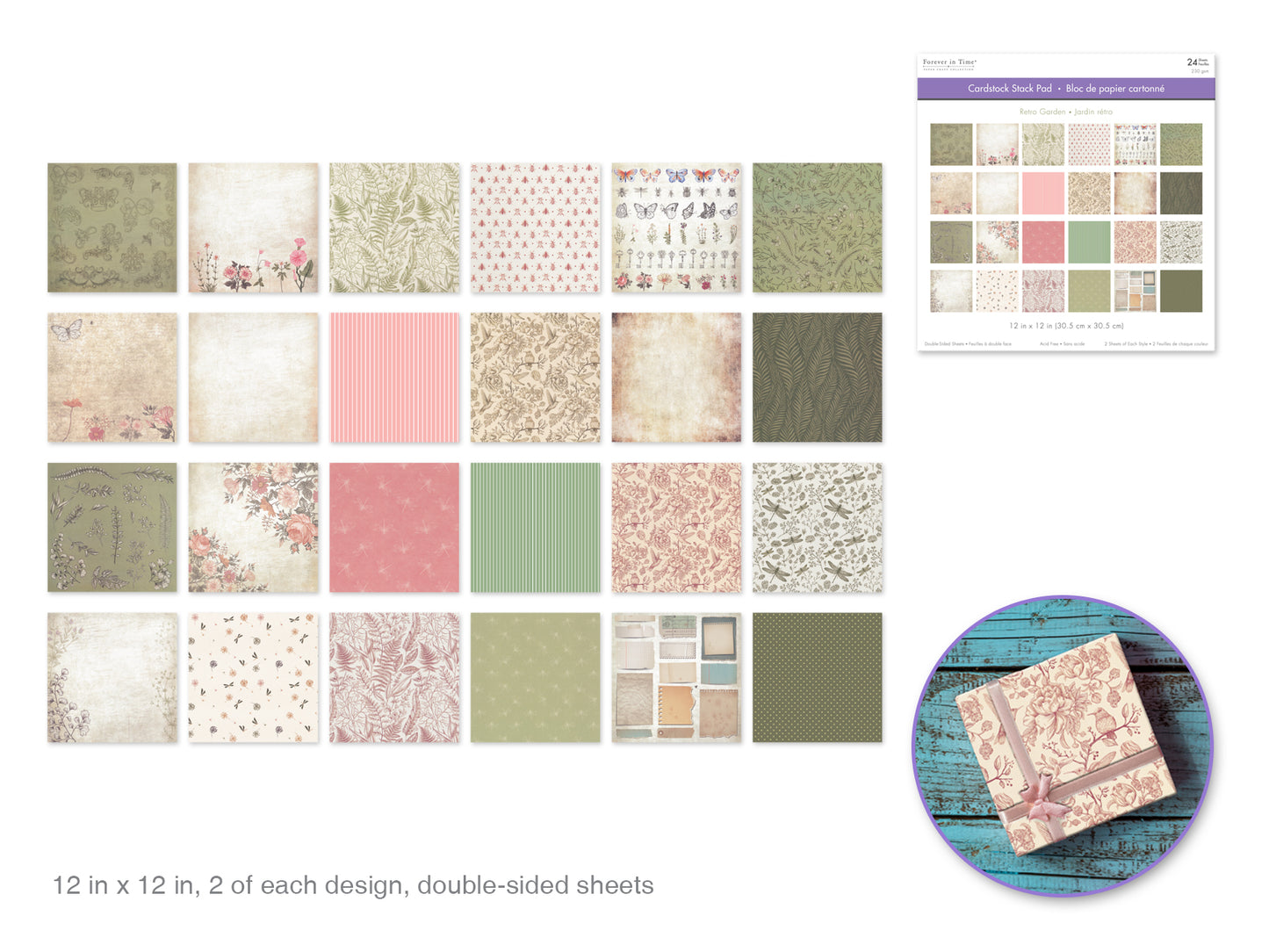 Cardstock: 12"x12" Themed Stack Pad x24 Double-Sided (24 Designs) 230GSM  Retro Garden