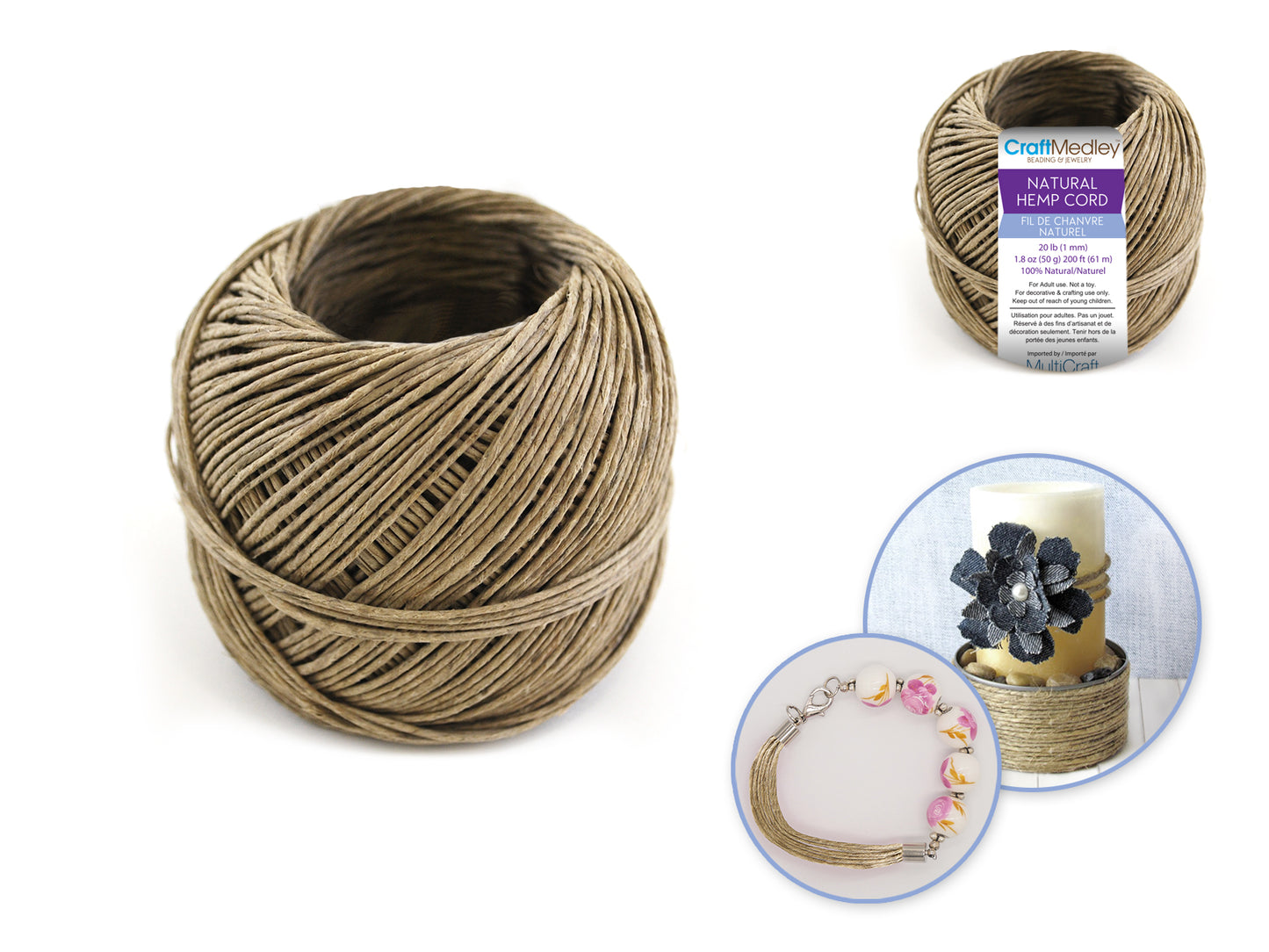 Natural Hemp Cord: 20Lb (1mm) 50G Bulk Ball (200Ft)