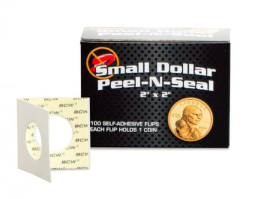 BCW Peel-N-Seal Self-Adhesive 2x2 Coin Flips for Small Dollar 100ct