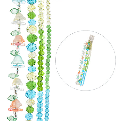 Crystal Lane DIY Flower 7in Bead Strand Pink, Yellow, Teal, Green Mix Flowers, Round Beads