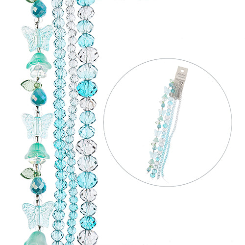 Crystal Lane DIY Flower 7in Bead Strand Aqua Mix Facetted Rondelles, Tulips, Butterflies
