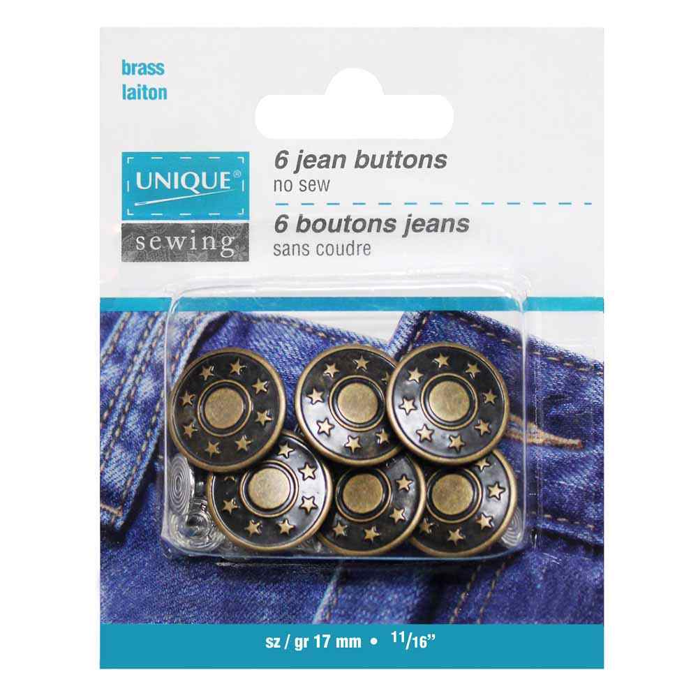 UNIQUE SEWING Jean Buttons No Sewing - Antique Brass Stars - 6pcs. - 17mm (5⁄8″)