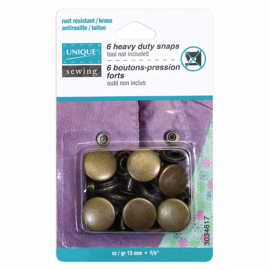 UNIQUE SEWING Heavy Duty Snaps Antique Brass - 15mm (5⁄8″) - 6 sets