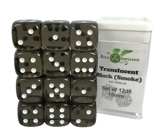 SET OF 12D6 PIPS DICE: TRANSLUCENT BLACK/WHITE 18MM (Copy)