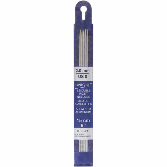 UNIQUE KNITTING Double Point Knitting Needles 15cm (6″) - Set of 5 Aluminum - 2mm/US 0