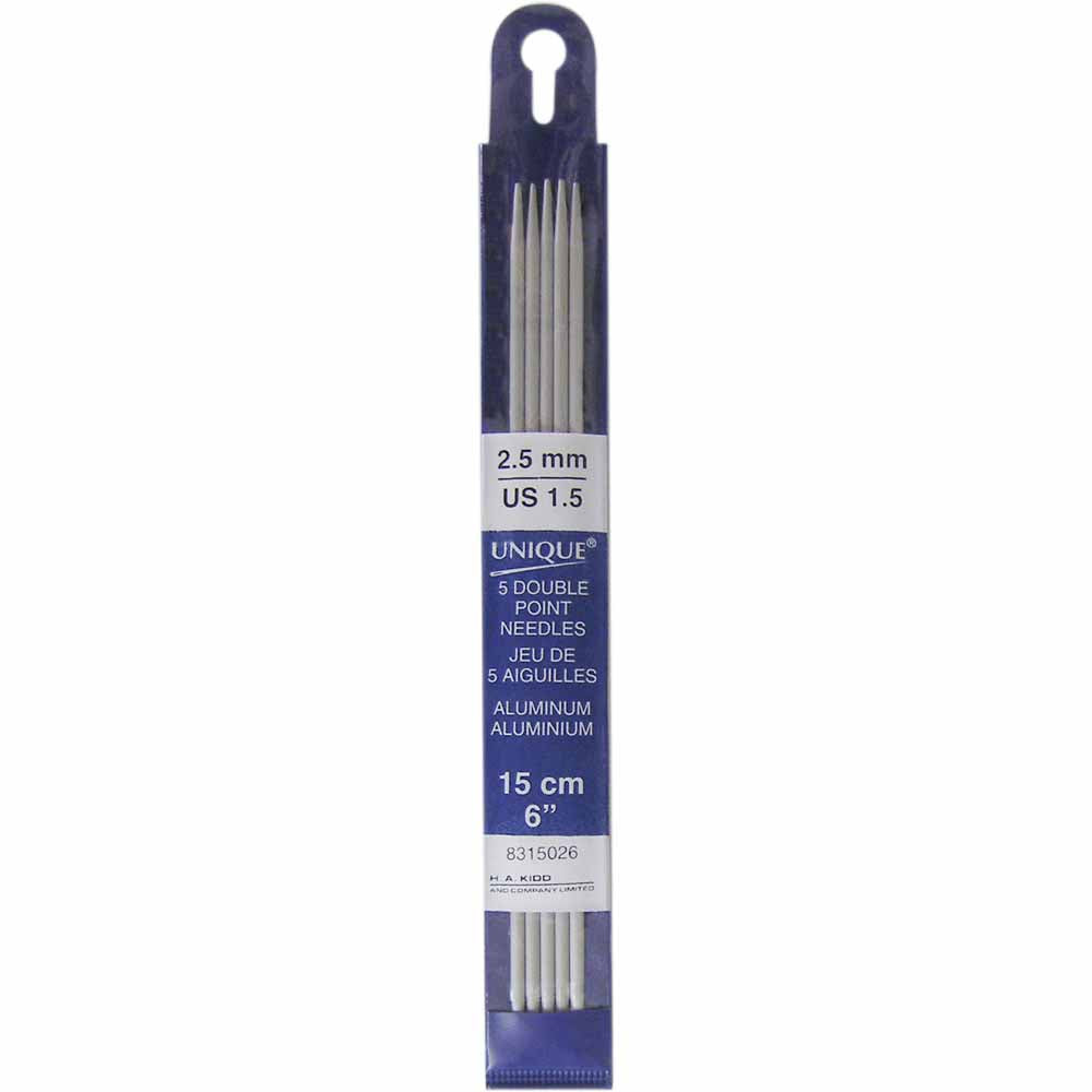 UNIQUE KNITTING Double Point Knitting Needles 15cm (6″) - Set of 5 Aluminum - 2.5mm