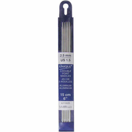 UNIQUE KNITTING Double Point Knitting Needles 15cm (6″) - Set of 5 Aluminum - 2.5mm