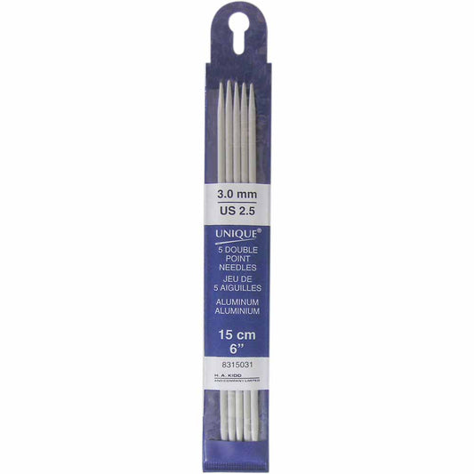 UNIQUE KNITTING Double Point Knitting Needles 15cm (6″) - Set of 5 Aluminum - 3mm/US 2