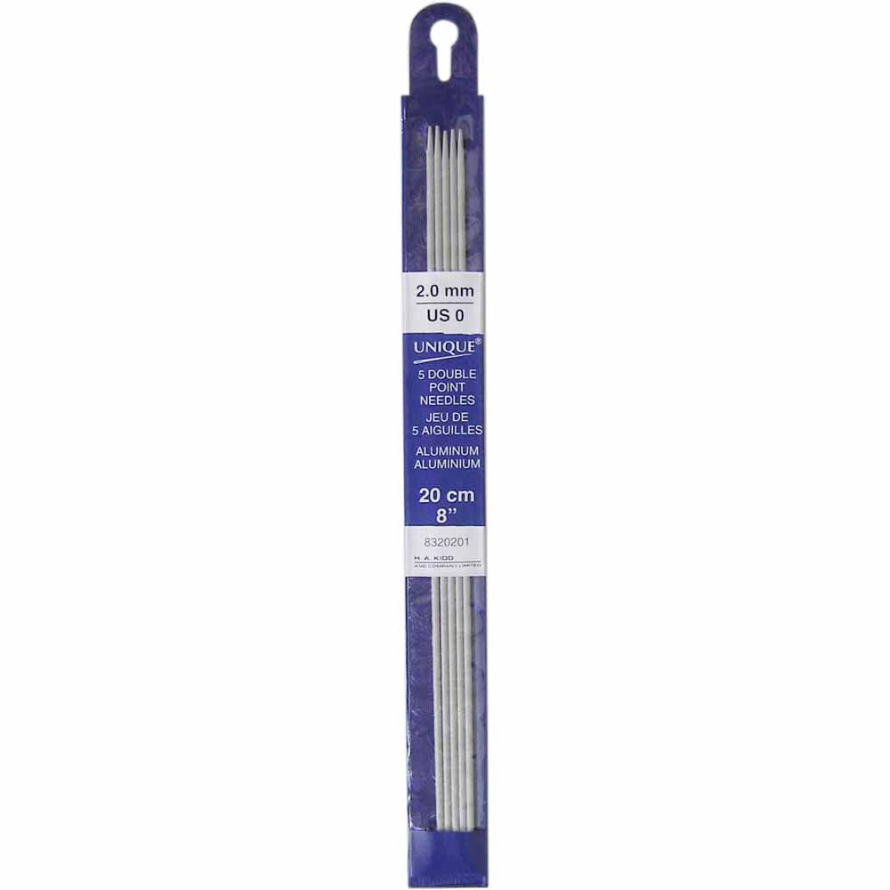 UNIQUE KNITTING Double Point Knitting Needles 20cm (8″) - Set of 5 Aluminum - 2mm/US 0