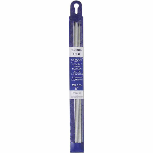 UNIQUE KNITTING Double Point Knitting Needles 20cm (8″) - Set of 5 Aluminum - 2mm/US 0
