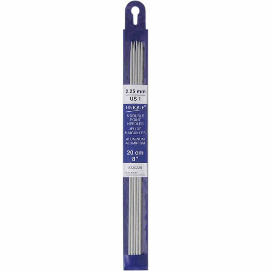 UNIQUE KNITTING Double Point Knitting Needles 20cm (8″) - Set of 5 Aluminum - 2.25mm /US 1