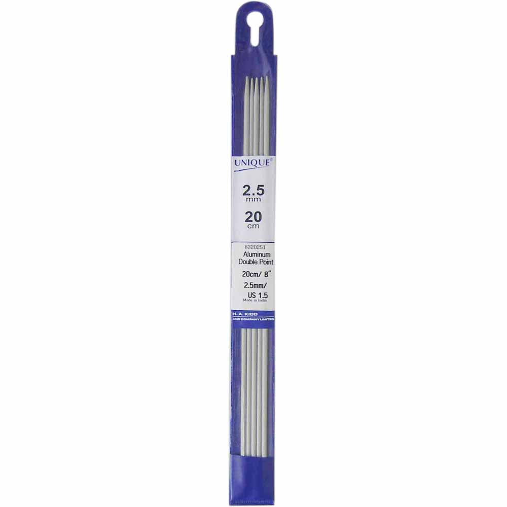 UNIQUE KNITTING Double Point Knitting Needles 20cm (8″) - Set of 5 Aluminum - 2.5mm