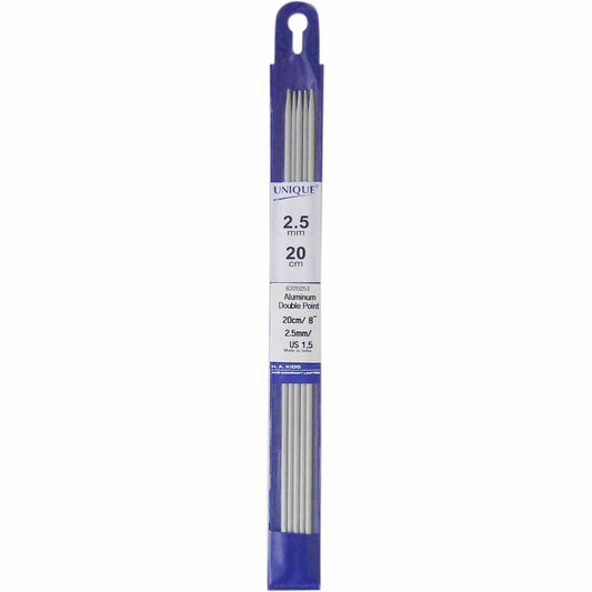 UNIQUE KNITTING Double Point Knitting Needles 20cm (8″) - Set of 5 Aluminum - 2.5mm