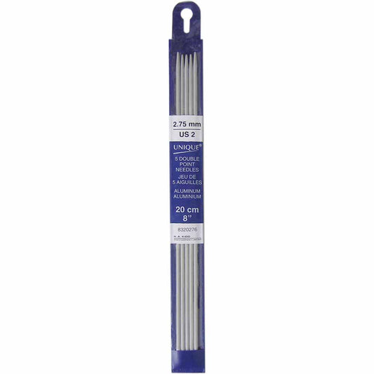 UNIQUE KNITTING Double Point Knitting Needles 20cm (8″) - Set of 5 Aluminum - 2.75mm/US 2