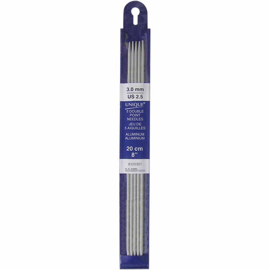 UNIQUE KNITTING Double Point Knitting Needles 20cm (8″) - Set of 5 Aluminum - 3mm/US 2