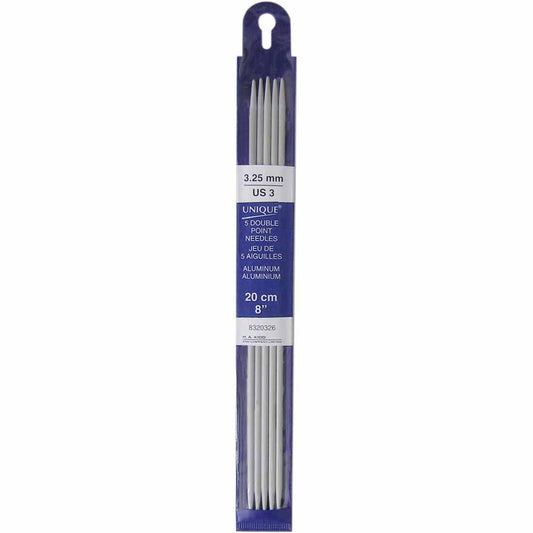 UNIQUE KNITTING Double Point Knitting Needles 20cm (8″) - Set of 5 Aluminum - 3.25mm/US 3