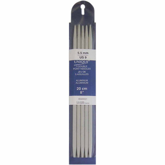 UNIQUE KNITTING Double Point Knitting Needles 20cm (8″) - Set of 5 Aluminum - 5.5mm/US 9
