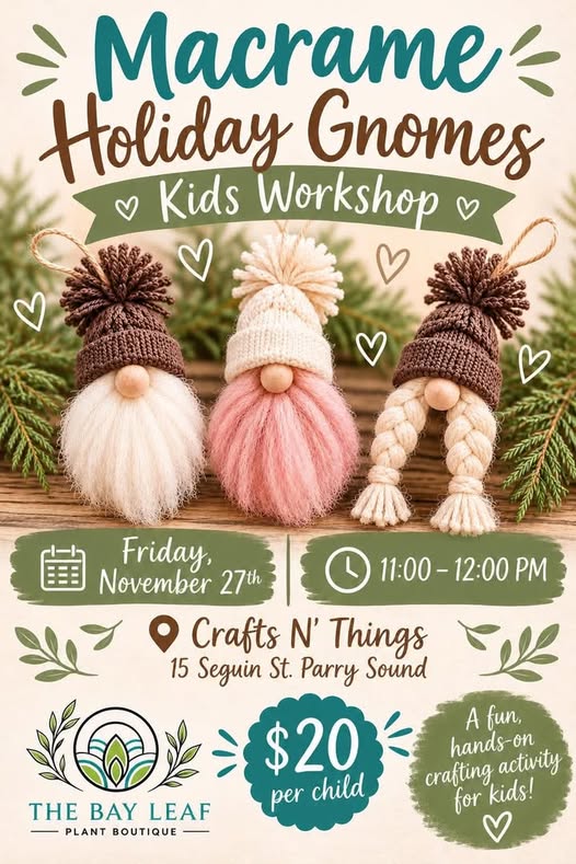 Macrame Holiday Gnomes Class Nov 27th  11am to 12:00