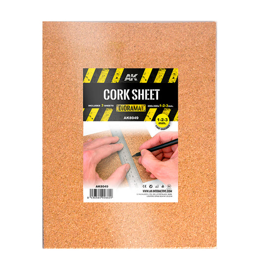 AK Interactive Cork Sheets - Fine Grained - 200 X 300 X 1-2-3mm (3 Sheets)