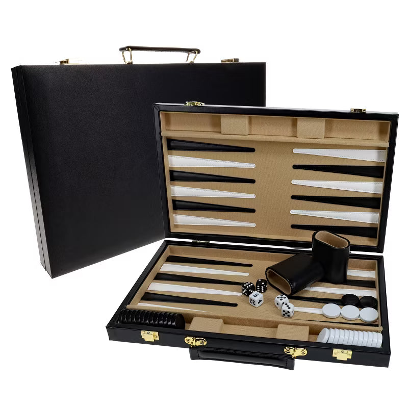 BACKGAMMON: 15" Black Leatherette