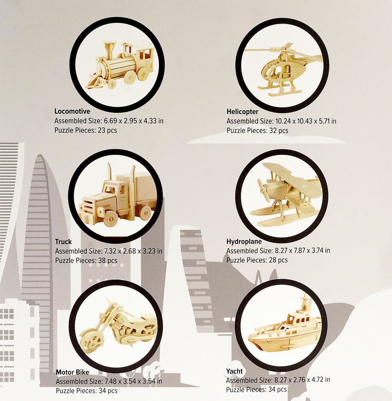 3D Classic Wooden Puzzle Bundle, Transportation (6 Puzzles)