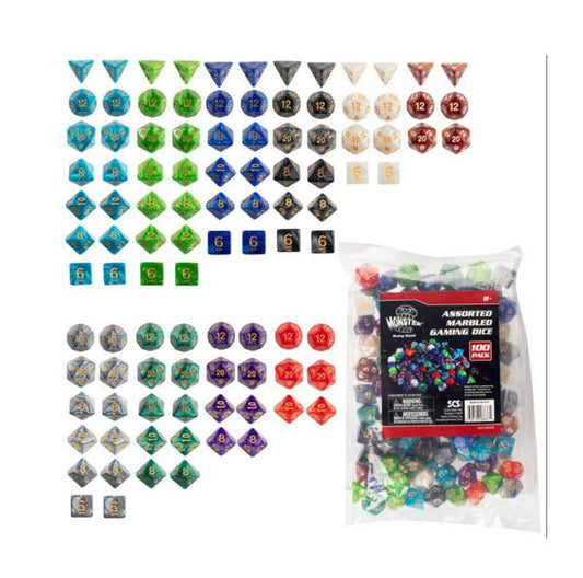 GAMING DICE ASSORTED BULK MARBLED 100ct 10 COLOURS