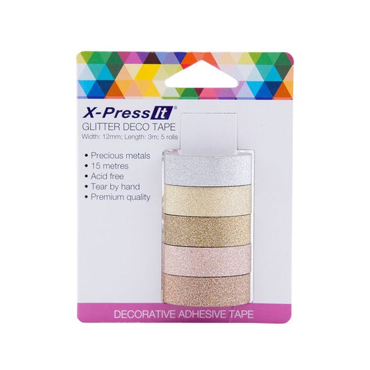 Glitter Deco Tape, 12mm x 3m - Precious Metals (5pk)
