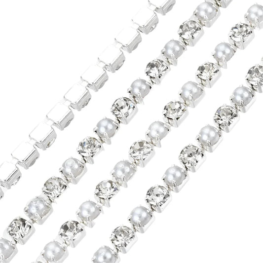 Metal Pearl & Rhinestone Banding 2mm Silver by the Yard