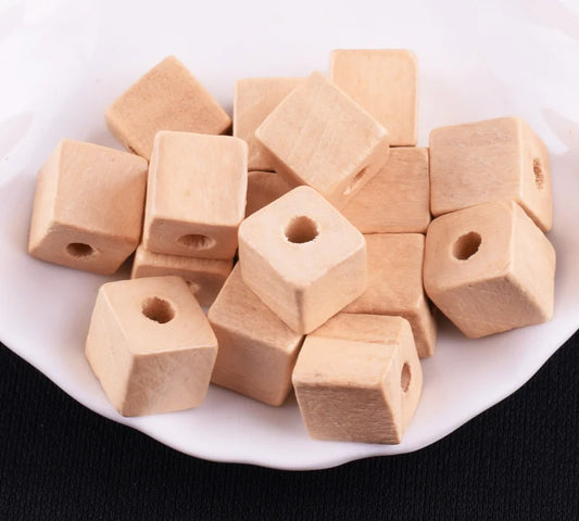 Wood Beads Cube Natural - .39in - 65pc