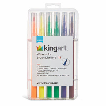 KINGART® Watercolor Brush Markers, Storage Case, Set of 12 Unique Colors