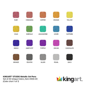 KINGART® Soft Grip Metallic Gel Pens, 2.0mm Ink Cartridge, Set of 20 Unique Colors