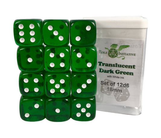 SET OF 12D6 PIPS DICE: TRANSLUCENT GRN/WHITE 18MM