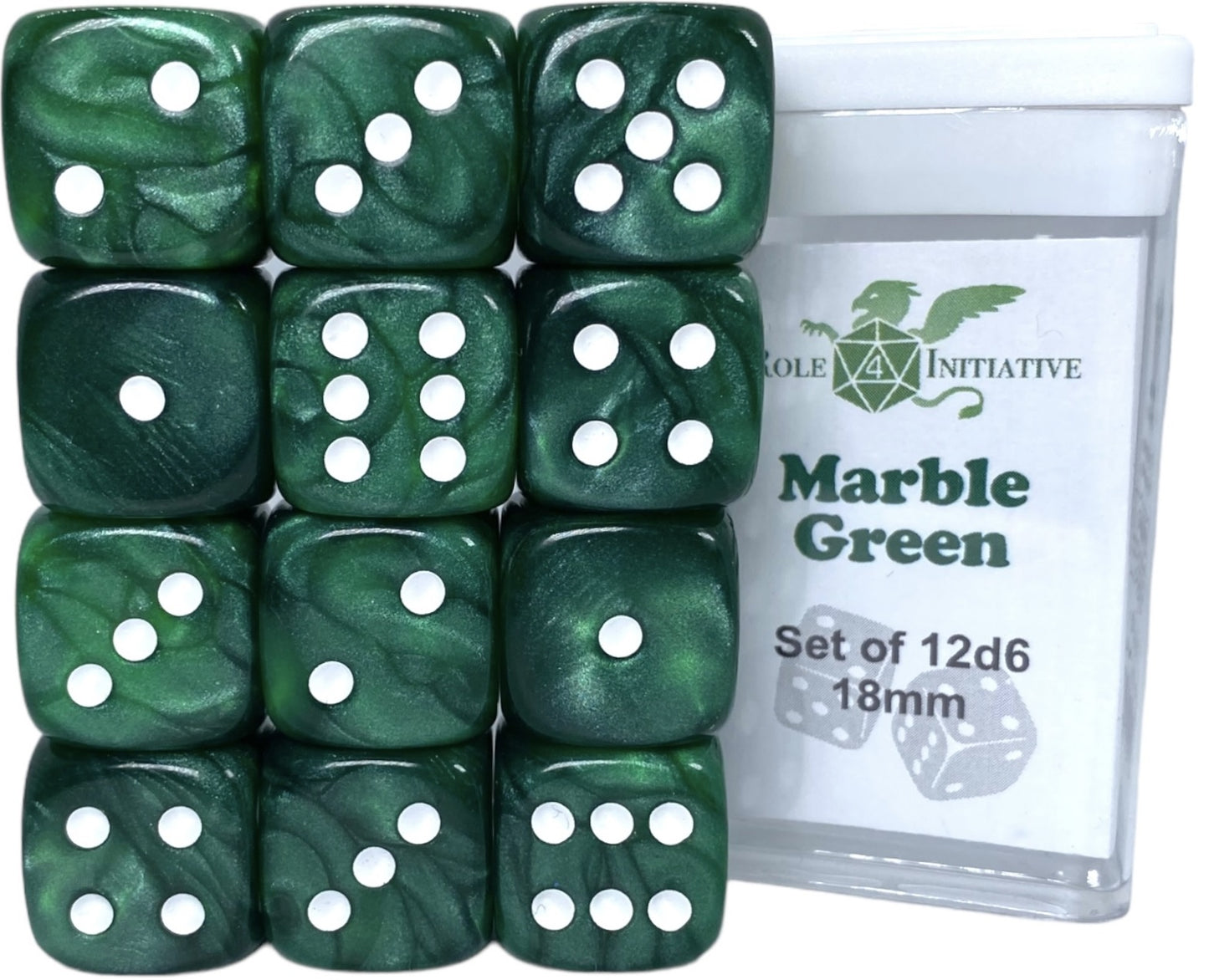 SET OF 12D6 PIPS DICE: MARBLE GREEN 18MM