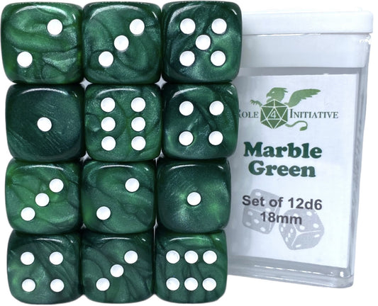 SET OF 12D6 PIPS DICE: MARBLE GREEN 18MM