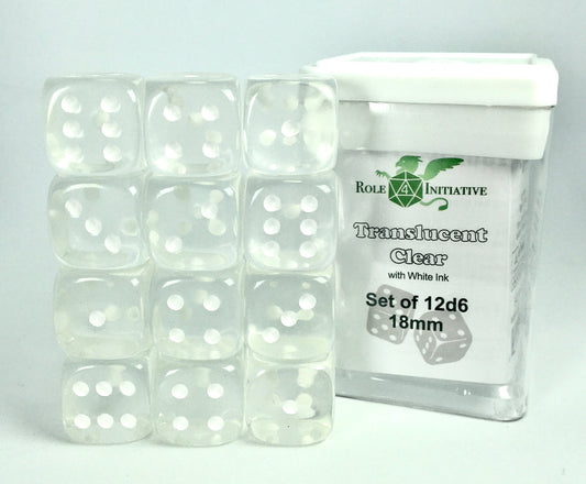 SET OF 12D6 PIPS DICE: TRANSLUCENT CLEAR 18MM