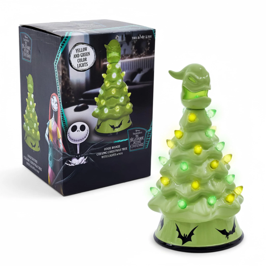 HOLIDAY LIGHT UP CERAMIC CHRISTMAS TREE 6” DISNEY NIGHTMARE BEFORE CHRISTMAS OOGIE BOOGIE