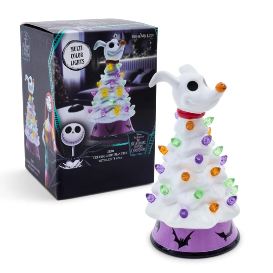 HOLIDAY LIGHT UP CERAMIC CHRISTMAS TREE 6” DISNEY NIGHTMARE BEFORE CHRISTMAS ZERO