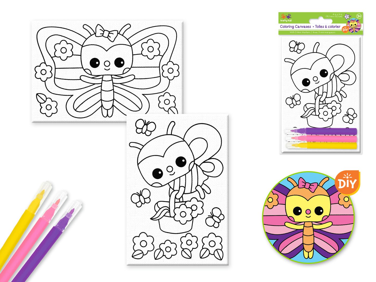Krafty Kids Kit: 4"x6" DIY Canvas Coloring 2pc Asst w/3 mini markers - Flying Friends