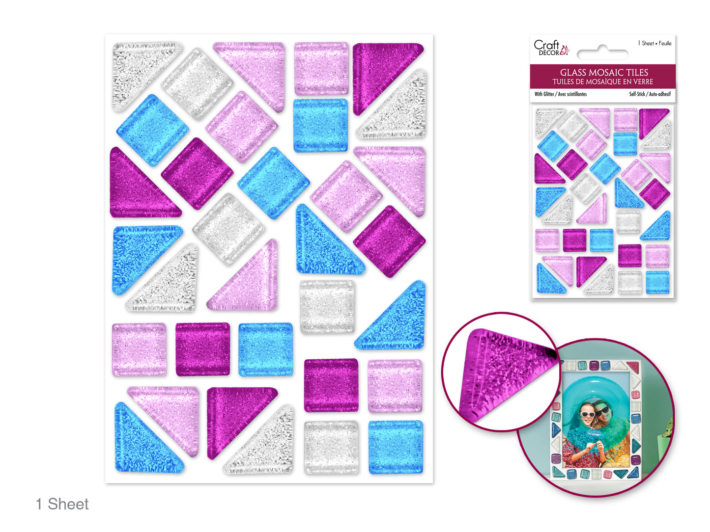 Craft Decor: Glitter Glass Mosaic Tiles 3.2x4.7" Self-Stick Glam