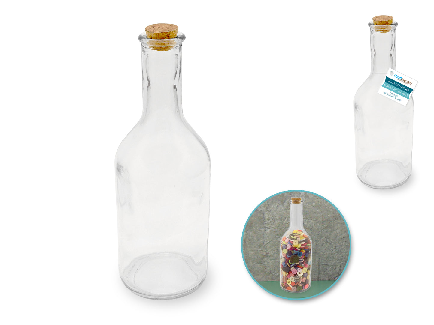 Glass Bottle: 7.5x21.6x3.5cm w/Cork Lid 500ml