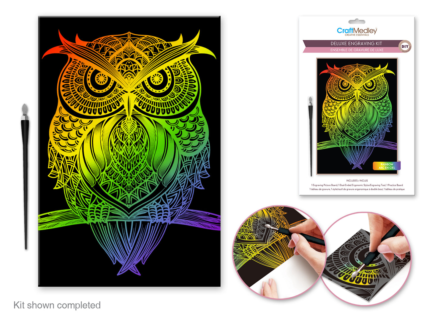 Craft Medley Kit: Deluxe Engraving Art DIY Kit Rainbow - Owl