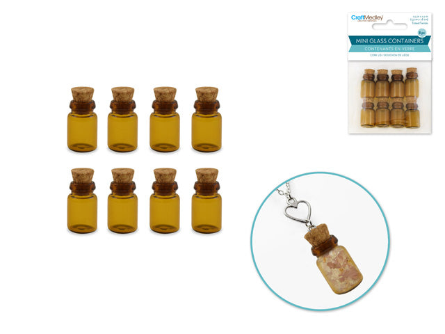 Glass Vials: 1.1cmx1.8cm Tinted Mini w/Cork Lid x8