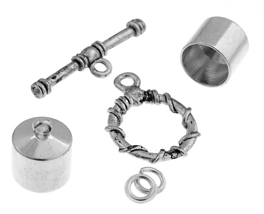 Kumihimo Finding Kit Silver 10mm End Cap/Jump Ring/Toggle