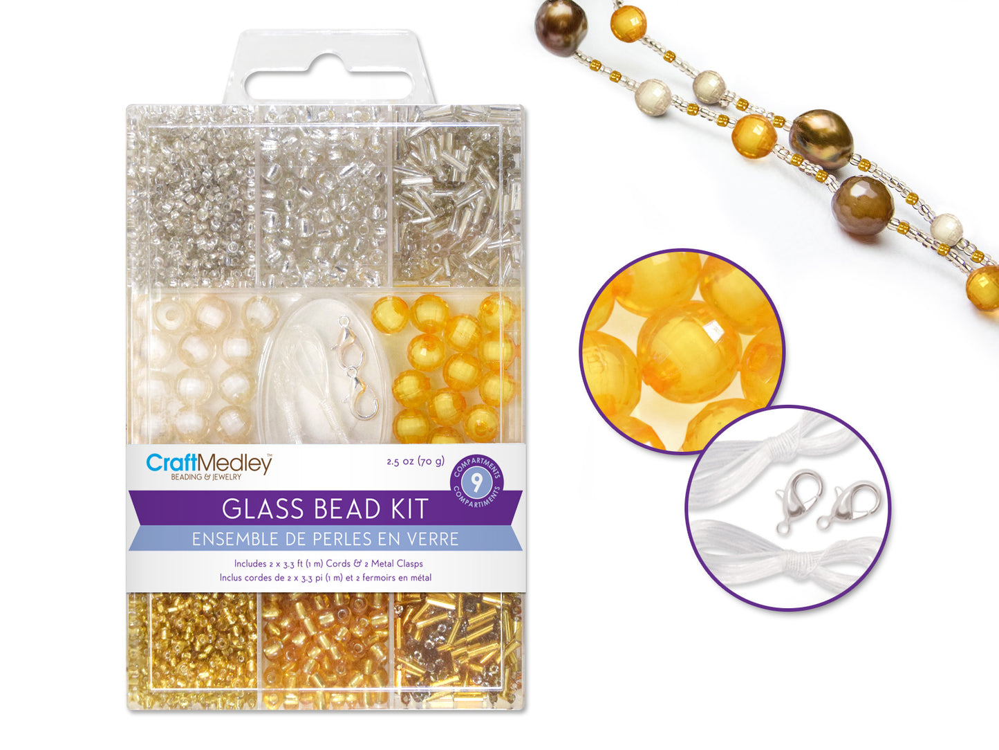 Glass Bead Kits: 9-Comp Multi-Pack w/Cord+Clasps 70g