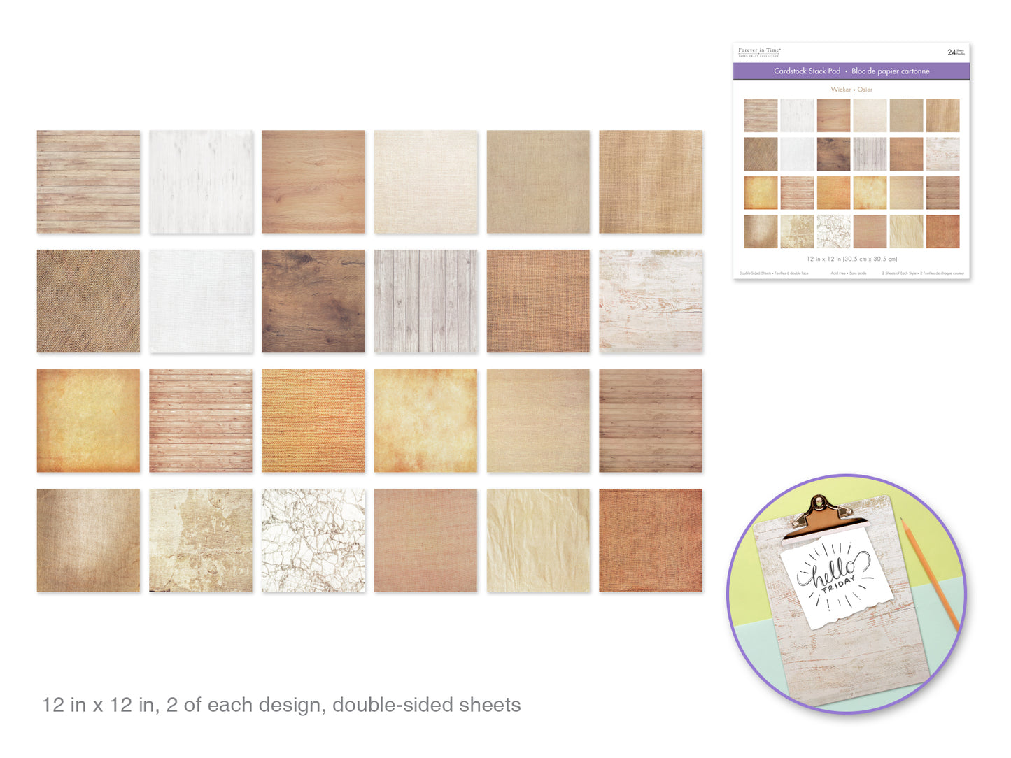 Cardstock: 12"x12" Themed Stack Pad x24 Double-Sided (24 Designs) 230GSM Wicker