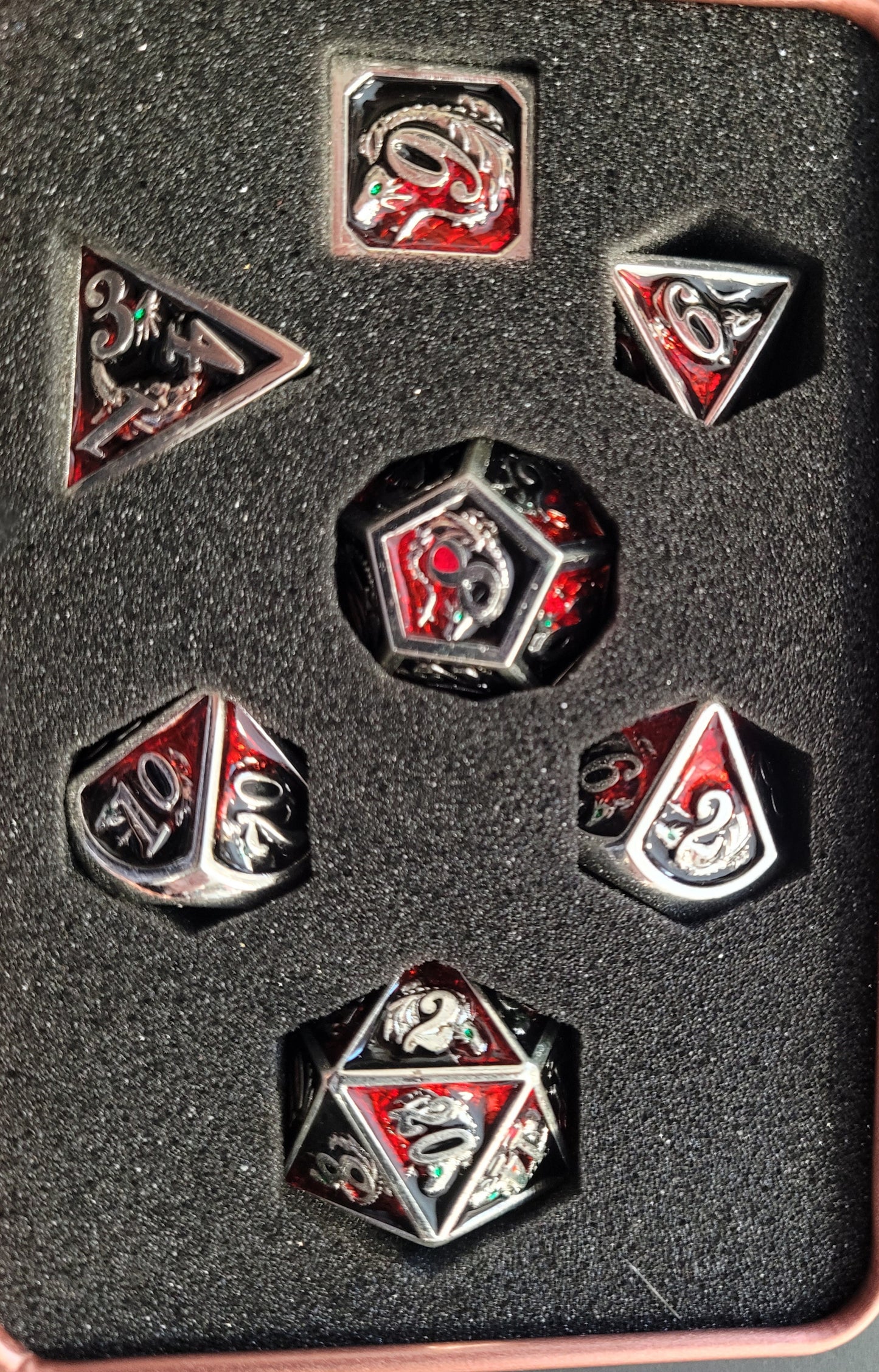 Hymgho Metal Dice Set: Solid Metal Dragon Gun Metal and Red