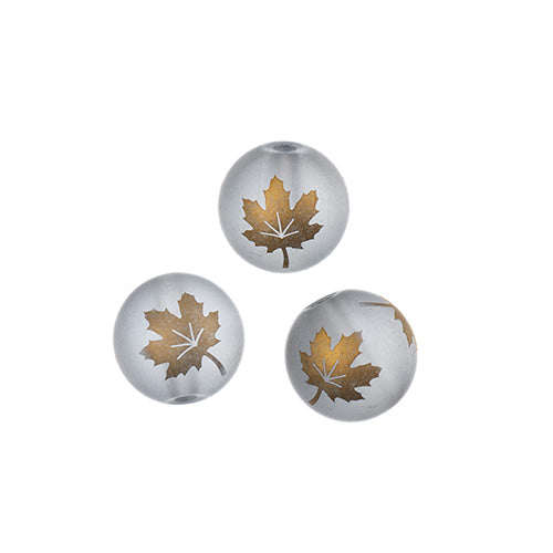 Glass Beads 7in Strand 10mm Round Matt Transparent Gray with Maple Leaf Pattern in Metallic Gold